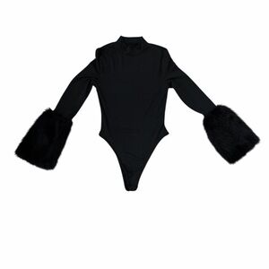 Black Bodysuit with Faux Fur Cuffs L
